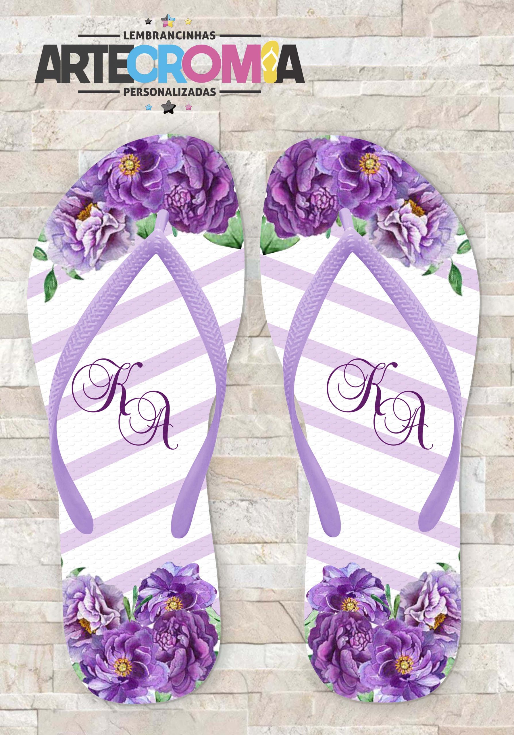 Chinelo de casamento flores roxas e lilás com listras – MDL 138 |  Artecromia Lembrancinhas Personalizadas
