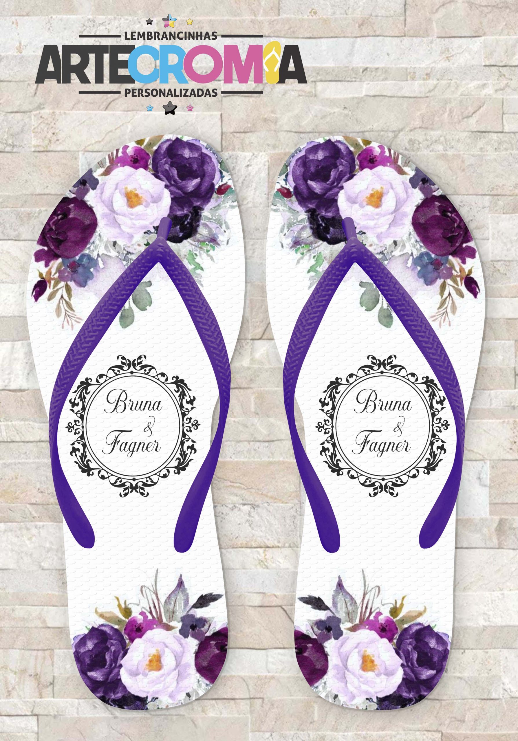 Chinelo personalizado casamento com flores roxas e lilás – MDL 084 |  Artecromia Lembrancinhas Personalizadas