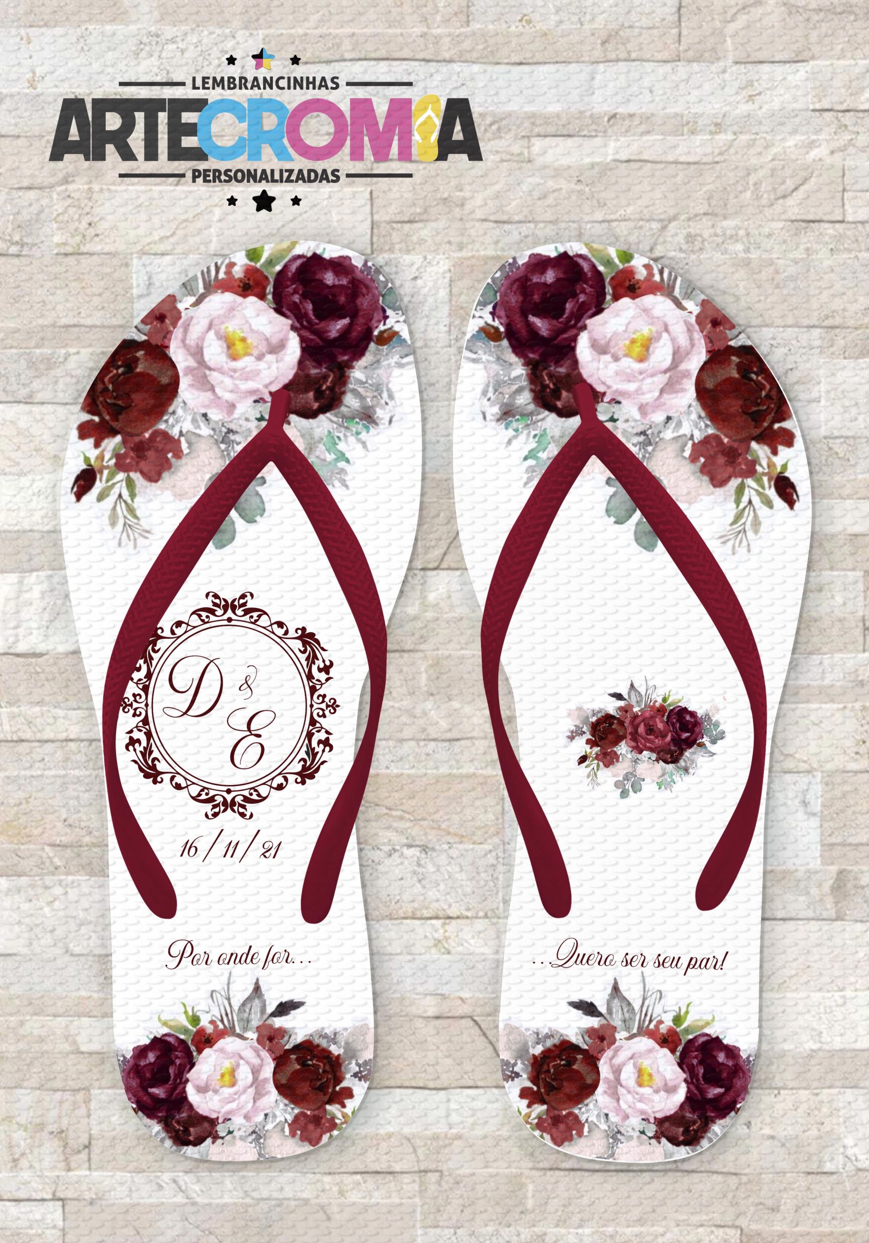 Chinelo personalizado casamento flores rosa e marsala e monograma – MDL 377  | Artecromia Lembrancinhas Personalizadas