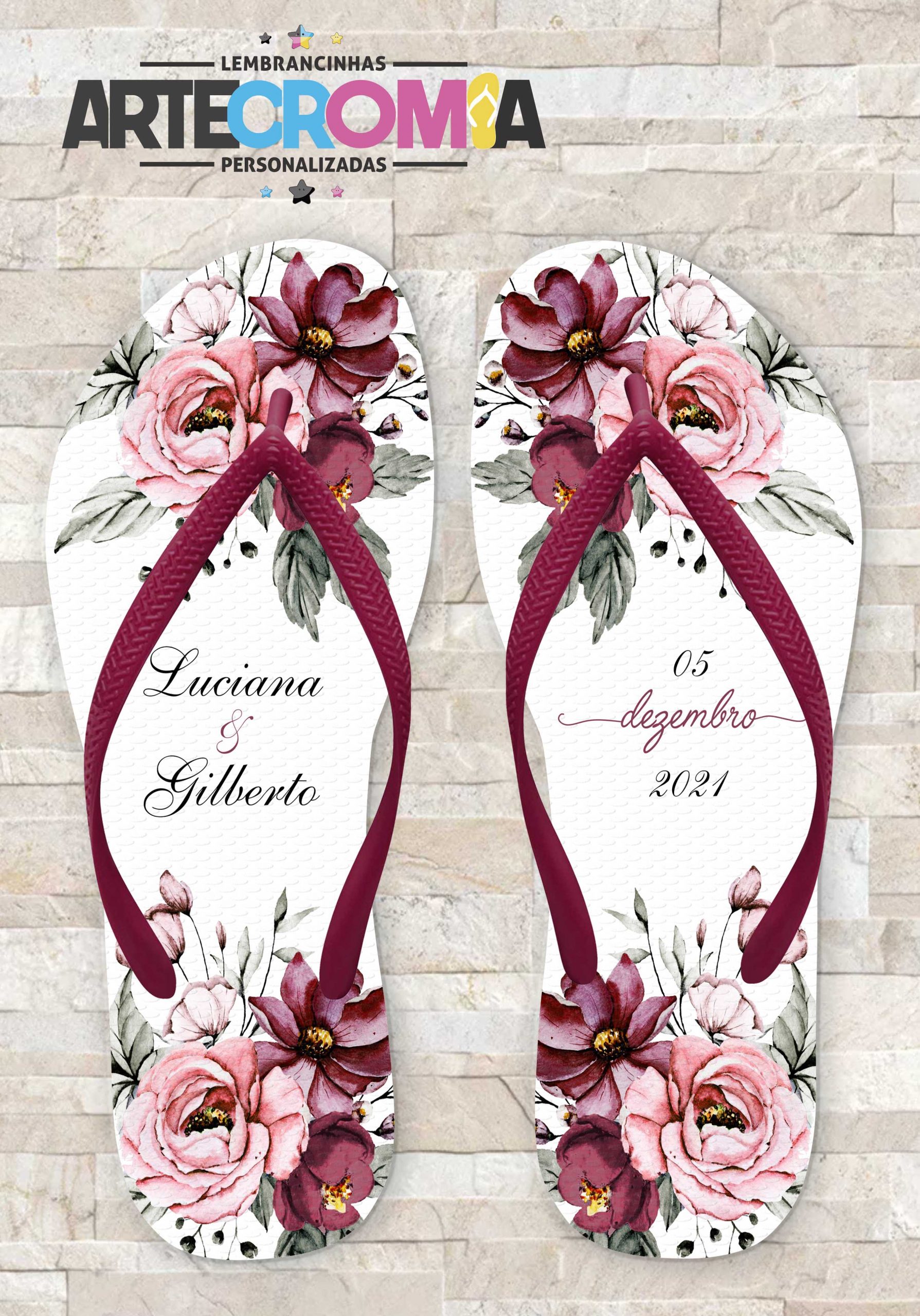 Chinelo Personalizado de Casamento Floral Marsala com Rose MDL 380 |  Artecromia Lembrancinhas Personalizadas